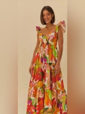 FARM Rio Multicolor Floral Tie-Front Tiered Maxi Dress
